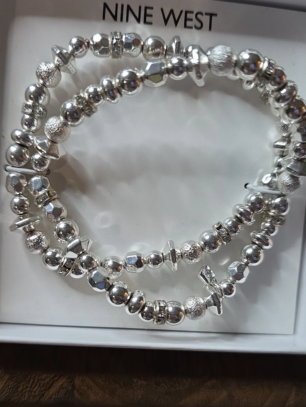 Nine West Silver-Tone Layered Beaded Stretch Bracelet Duo/w Bonus Necklace
